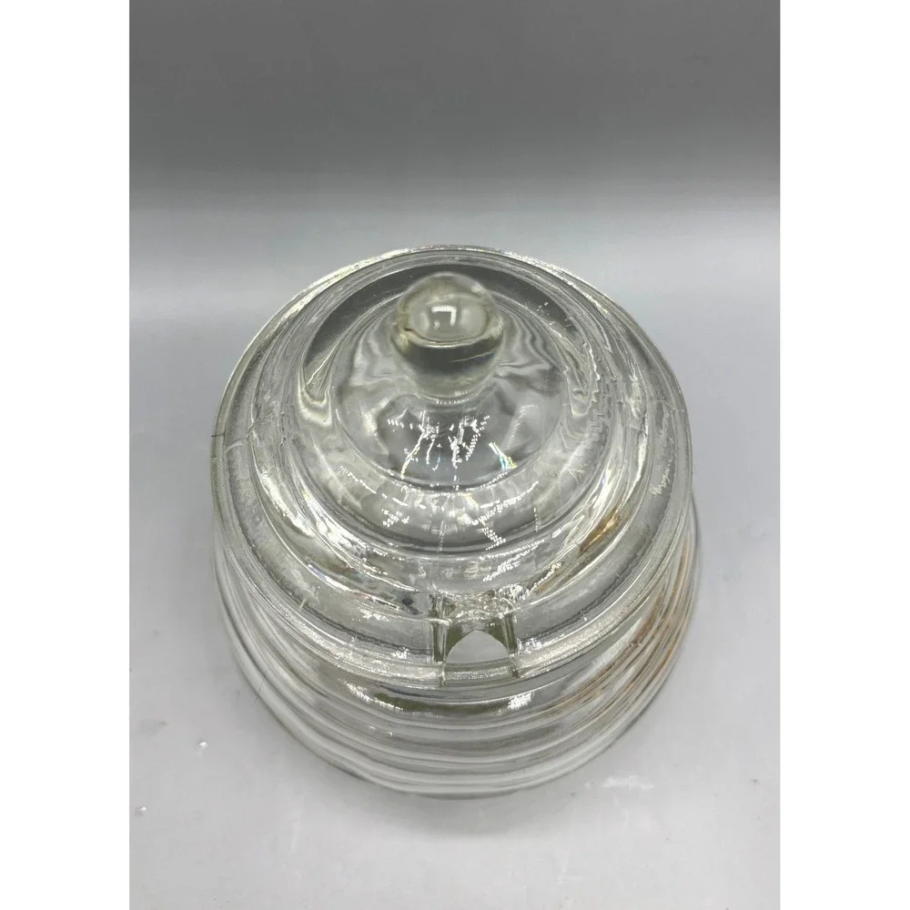 Vtg Clear Glass Beehive Honey Pot Ribbed Jar with Notched Lid Farmhouse Decor